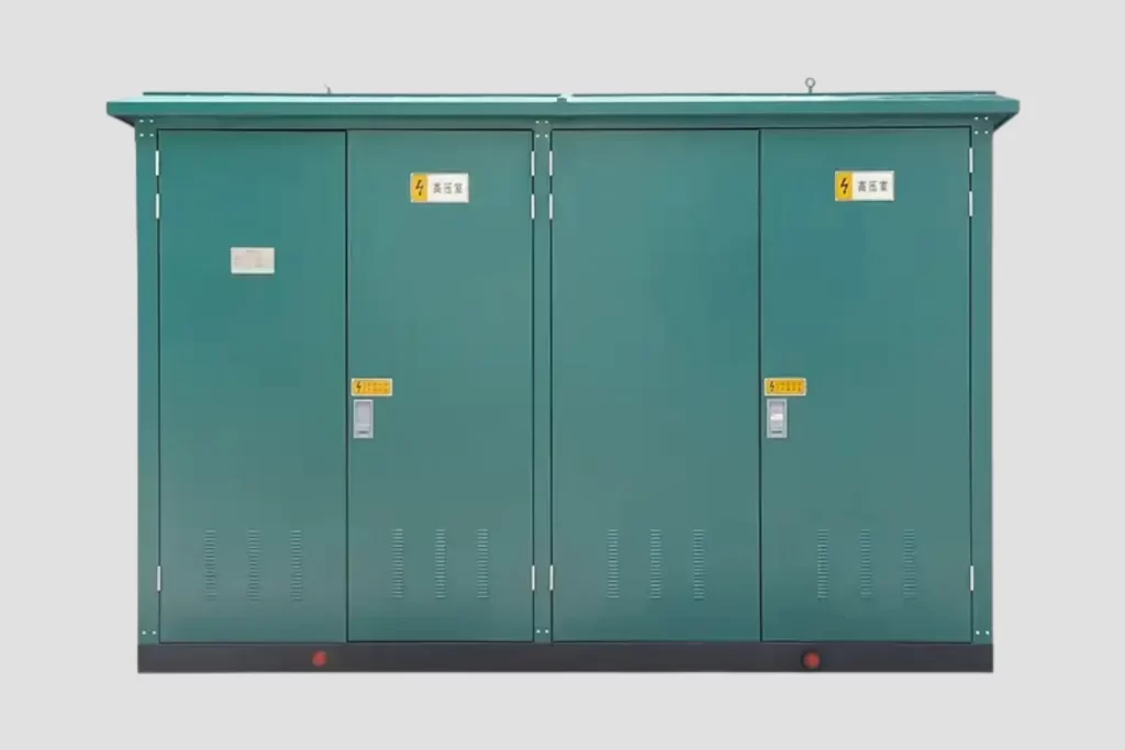 A green color compact substation with four doors closed